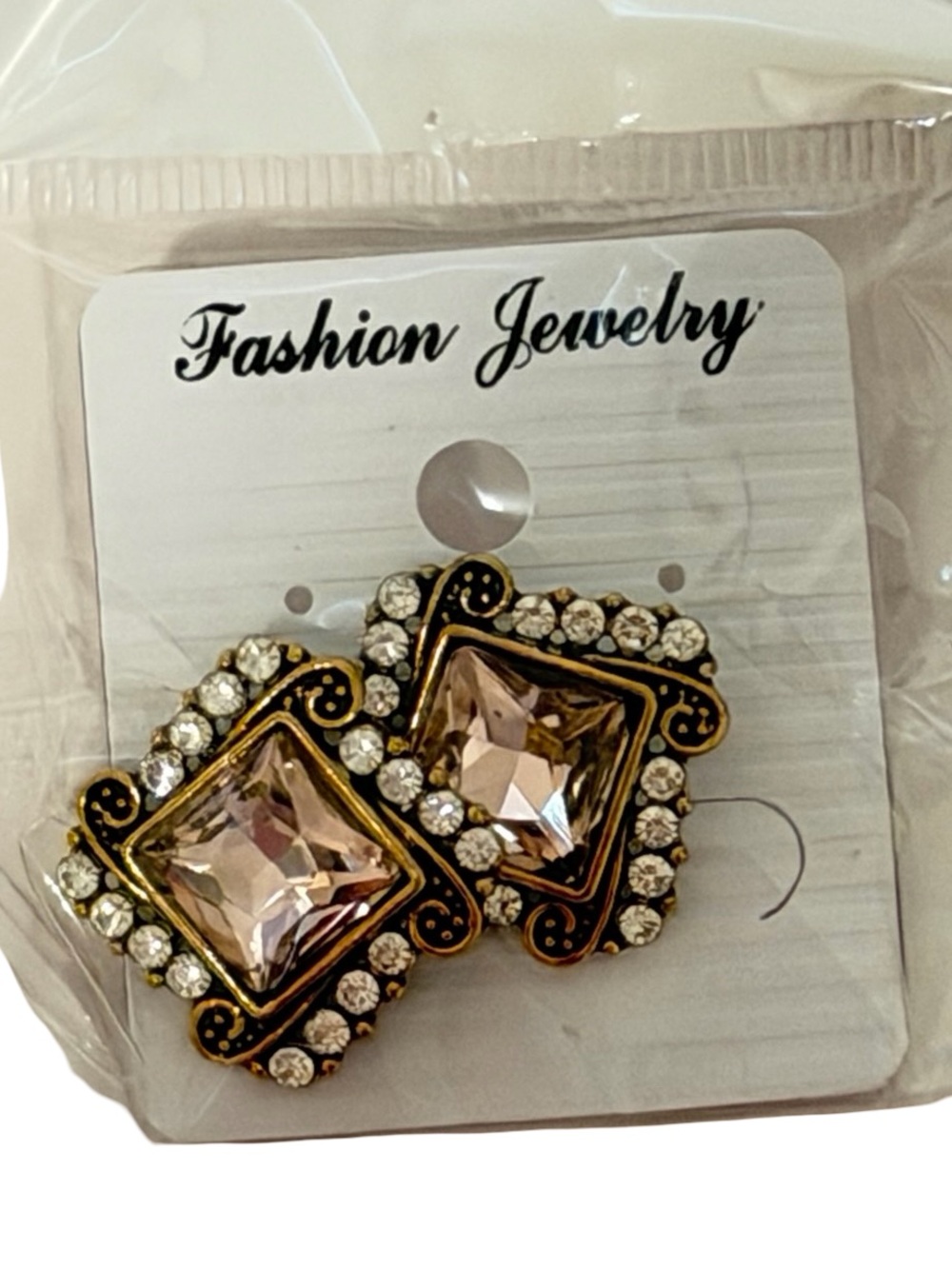 Vintage Style Blush Crystal Rhinestone Statement Earrings Gold Tone
